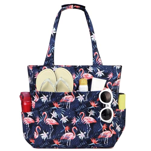 Kasgo Sac de Plage Femme, 22,7L Poches Multiples Grand Sac Cabas Zippé Femme d'Été Pliable Résistant à l'Eau Sac de Piscine Tote Bag pour Voyage Vacances Achats Flamant