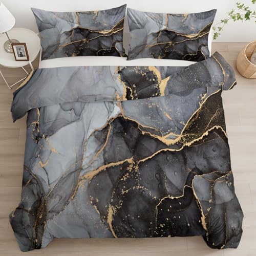 XCQHZYQ Marmor Bettwäsche 135x200 Schwarz Grau, 3 Teilig Bettdeckenbezug - Bettwäsche-Sets Kinder Microfaser Bügelfrei Weich Modern Marmoriert Einzelbett Bettbezug mit 2 Kissenbezügen 80x80 cm