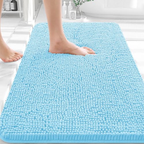 Image of OLANLY Bathroom Rugs 32x20, Extra Soft Absorbent Chenille Bath Rugs, Rubber Backing Quick Dry, Machine Washable Bath Mats for Bathroom Floor, Tub and Shower, Home Decor Accessories, Sky Blue