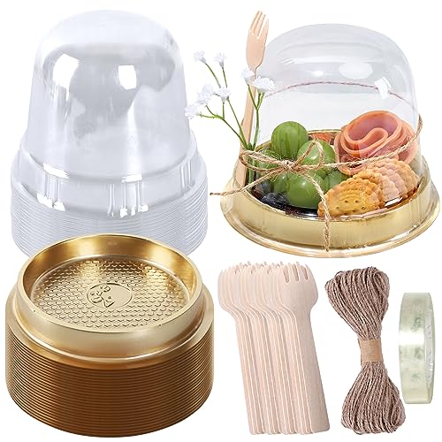 Whaline 50 Sets Disposable Individual Charcuterie Cup Clear Plastic Round Cake Boxes with Dome Lids Mini Wooden Spork Rope for Outdoor Snack Packing Open Houses Gatherings Wedding Party Event