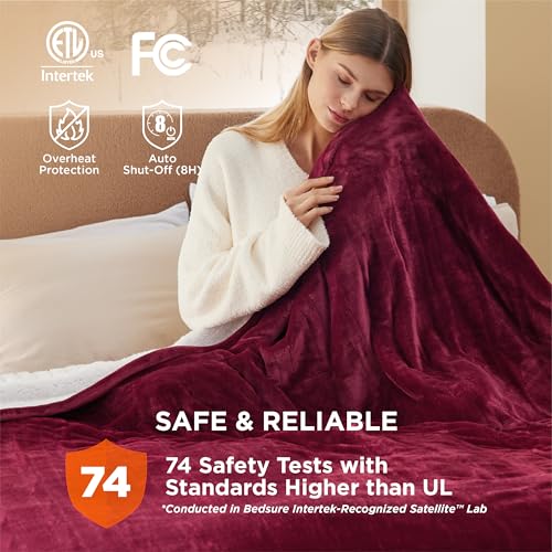 Image of Bedsure Electric Blanket Queen Size - Dual Control Heated Blanket Queen, Fast Heating with 10 Time Settings & 10 Heat Settings, Warm Gift for Grandma (84x90 inches, Burgundy)