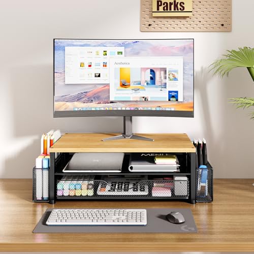 Image of OPNICE Desk Organizers and Accessories, Computer Monitor Stand Riser with Drawer and 2 Pen Holders, Printer & Laptop Stand, Office Desk Accessories & Workspace Organizers for Home Office Supplies, Oak