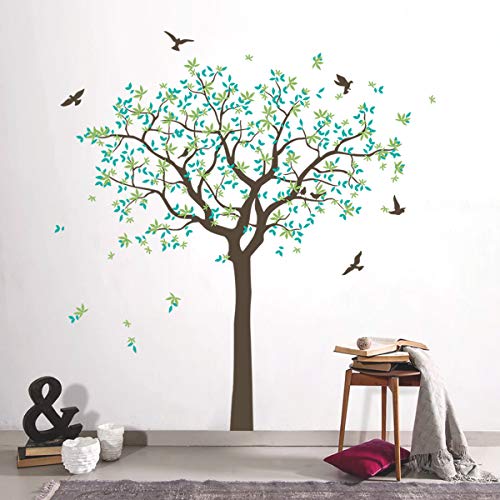 decalmile Pegatinas de Pared Árbol de Familia Vinilos Decorativos Hojas Verdes Aves Adhesivos Pared Salón Dormitorio Oficina (H: 160 cm)