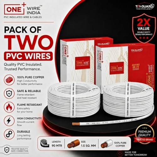 Image of 90m PVC Copper Electrical Wire (Pack of 2), White, 1.5 mm