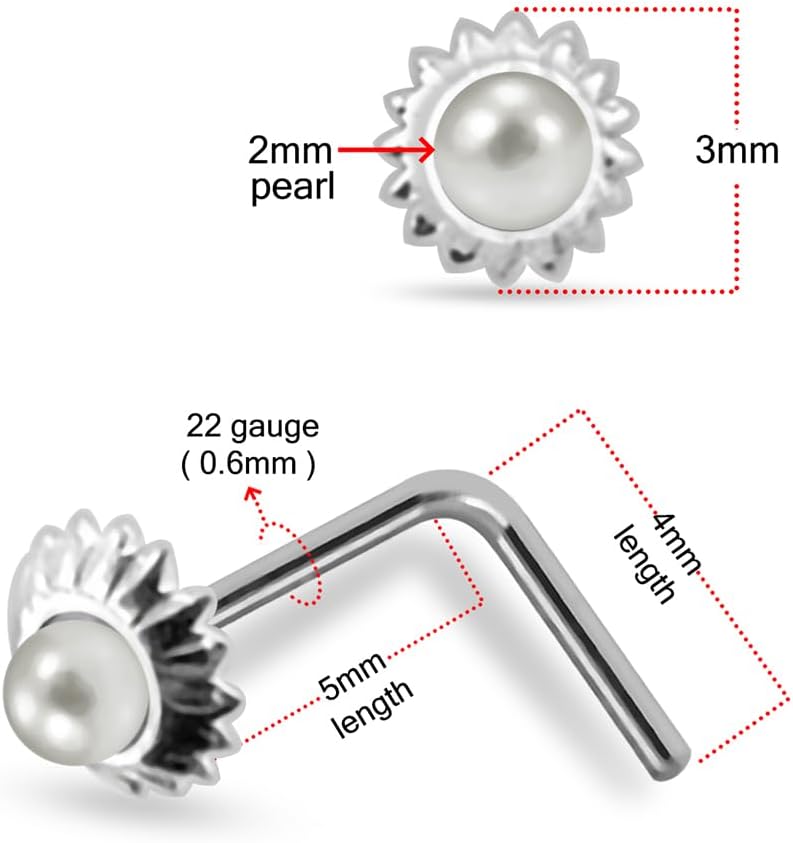 Plain Sunflower with Pearl 22 Gauge 925 Sterling Silver Ball End - Straight End - L Shape - Tiny Nose Stud - Nose Piercing Body Jewelry