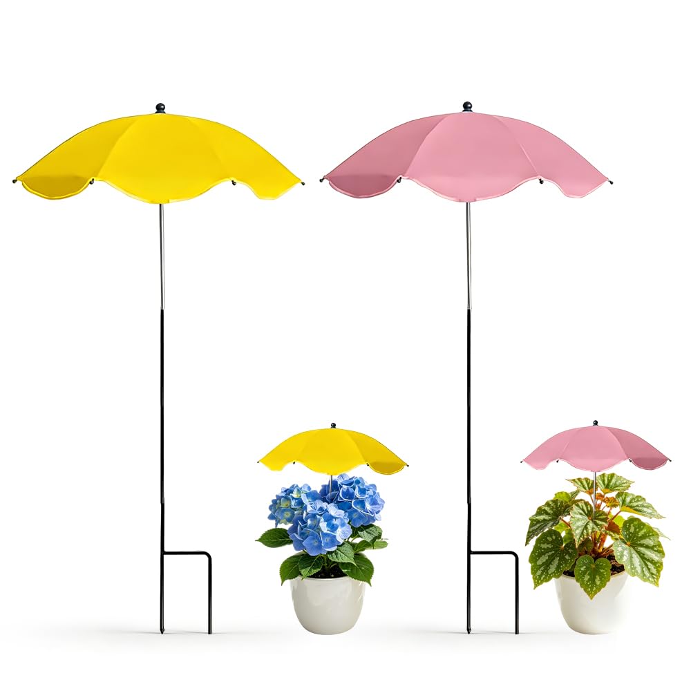 2 Stück Pflanzenschirm, Mini Sonnenschirm für Pflanzen, Sonnenschutz für Pflanzen Ø 60 cm, Verstellbare Pflanzenschirme für Draußen, Pflanzenschutz für Topfpflanzen, Blumen, Gemüse (Gelb+Rosa)