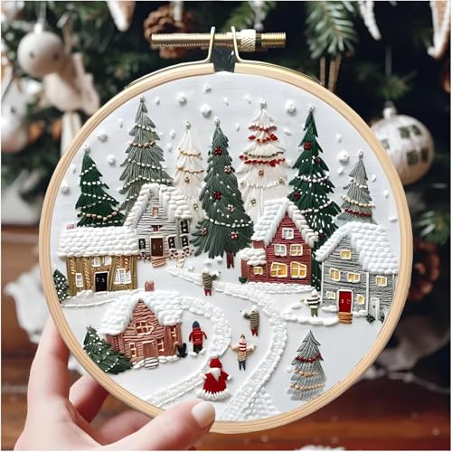 Image of UQRUI Christmas Embroidery Kits for Adults BeginnersEmbroidery Patterns, Ornament Embroidery Kit,Cross Stitch Kits (Villages)