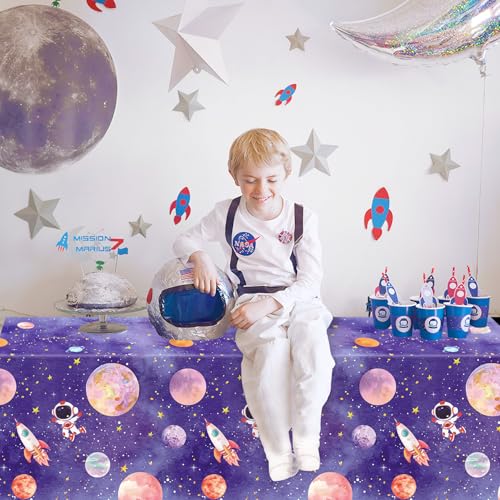4 Pack Space Tablecloth Galaxy Table Cloth Rocket Astronaut Table Cover Space Planet Tablecover First Trip Around The Sun Decorations Space Themed Party Supplies Galaxy Party Decor 86 x 51 Inch - Image 2