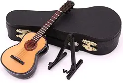 Modelo de guitarra em miniatura, mini ornamentos de modelo de instrumento de madeira com suporte e estojo de armazenamento, decoração de mesa presente para clientes professores ou amigos guitarra