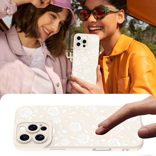 Image of Designed for iPhone 16 Pro Max Case, Cute Rose Flower Floral Pattern Design, Slim Soft TPU Liquid Silicone Protective Cover for Women Girls - White