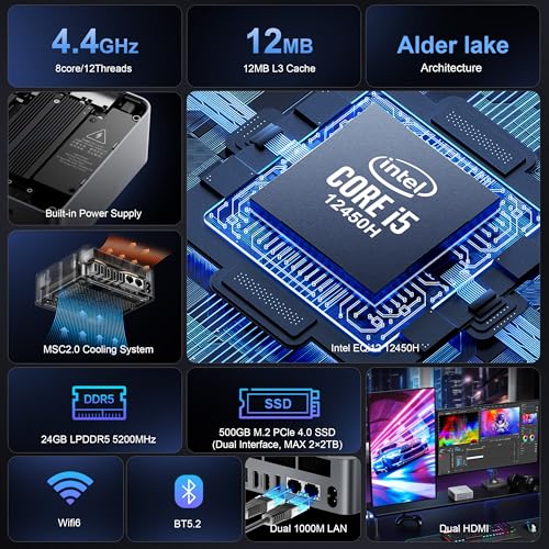Image of Beelink EQi12 Mini PC, Intel Core-i5 12450H(8C /12T, Up to 4.4GHz), 24GB LPDDR5 5200MHz 500GB PCle4.0 SSD, Mini Computer Dual 1000M LAN, 4K Dual HDMI, Built-in Power Supply Home /Office Micro PC