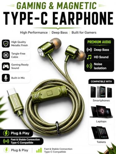 Image of ZedPunch Gaming Type-C Wired Earphone with Mic, 10mm Dynamic Bass Driver, Magnetic in-Ear Headphones, Low Latency Sound for Gaming, 1 Button Control, HD Calling, Voice Assistant (Light Green)