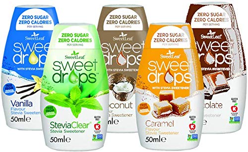 Sweetleaf gotas dulces, endulzado con Stevia, potenciador de agua, paquete mixto de todos los 5 sabores y fabricado para el mercado del Reino Unido