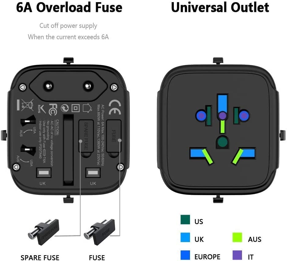 Adaptador de Corriente Universal en Todo el Mundo Adaptador de Corriente de Viaje Universal Adaptador de Enchufe Internacional con 3 USB para Europa Reino Unido EE. UU. AU Asia