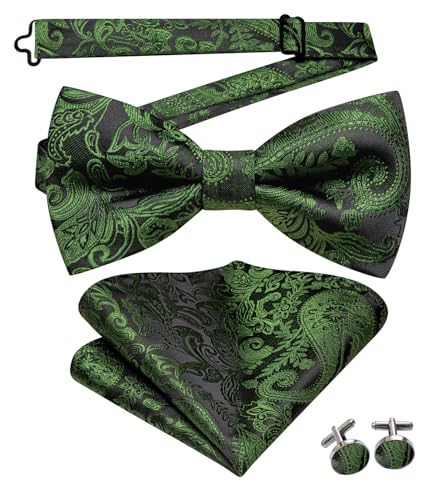 Image of Hi-Tie Bow Ties for Men Pre-Tied Pocket Square with Cufflinks Mens Bowtie Sets for Wedding Formal Party