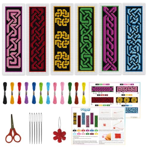 ORIGACH 6 Set Celtic Knot Cross Stitch Bookmark Kit for Beginner with Backing Felt Floss Instructions DIY Stamped Embroidery Bookmark Kit for Adults, Book Lovers