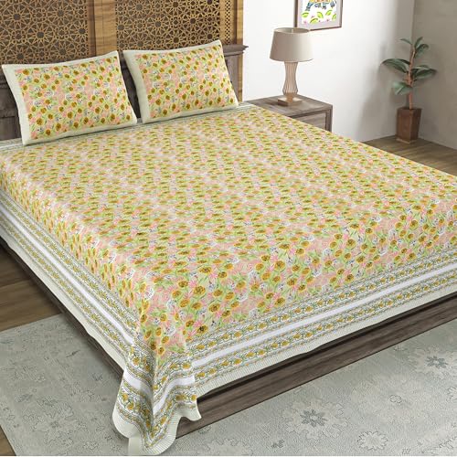 Image of BLOCKS OF INDIA Hand Block Printed 200 TC Cotton King Size Bedsheet (Green GAD Buti)