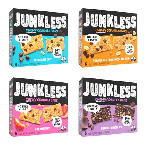 JUNKLESS Fan Favorites Chewy Granola Bars - Bulk Variety Pack, Gluten-Free, Non-GMO, Lower Sugar, Healthy Snacks for Kids & Adults, 4 Boxes (24 Bars)