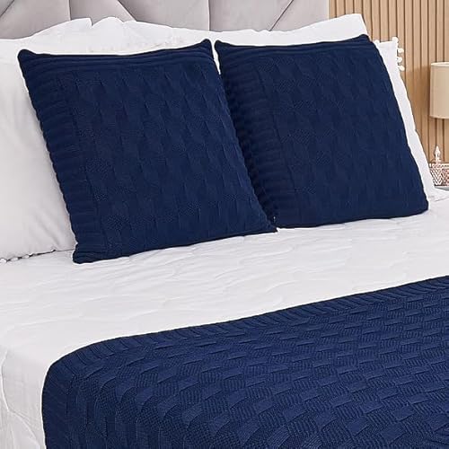 Kit Peseira Manta Tricot Cama Casal Efeito 3D + 2 Capas Almofadas (Azul Marinho)
