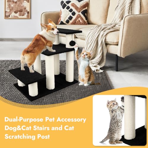 Vivifying Cat Stairs & Scratching Post, 3 Steps 19.5\" Height Dog Stairs for High Beds & Couches, Ideal for Kittens, Senior Cats and Injured Small Dogs, Easy Assembly (Black)