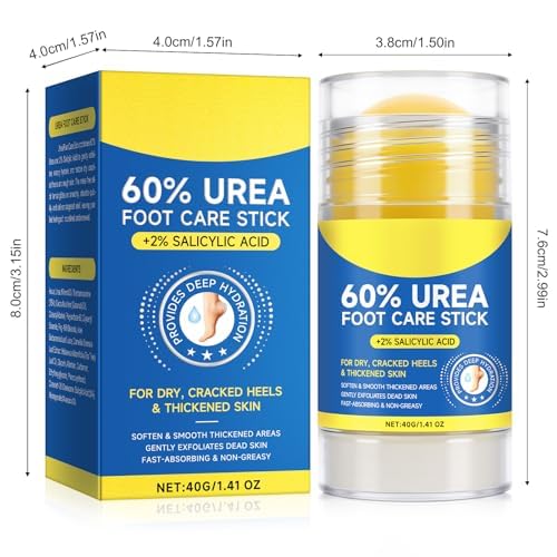 60% Urea Foot Care Stick with 2% Salicylic Acid, 2-Pack Moisturizing Foot Cream Stick for Dry Cracked Heels, Calluses, Rough Thick Skin, Feet, Hands, Elbows & Knees