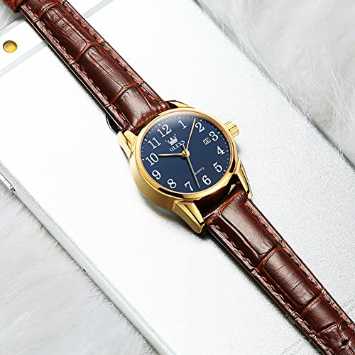 Women's Elegant Brown Leather Quartz Watch with Blue Dial, Arabic Numerals, and Date Function – Waterproof Minimalist Wristwatch for Everyday Wear - Image 8