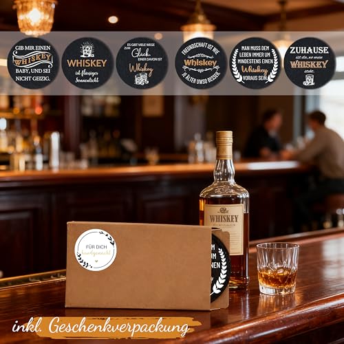 Filz-Untersetzer mit lustigen Whiskey-Sprüchen – 6er Set inkl. Geschenkverpackung | rutschfest & hitzebeständig | Geschenkidee für Männer & Whiskeyliebhaber | handgemacht in Deutschland (Whiskey)