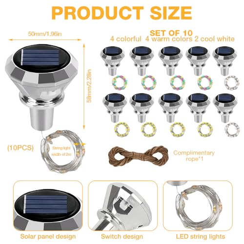 XPJBKC Flaschenlicht Solar,10 Stück Diamant Flaschenlichterkette Korken,2M 20 Led Lichterkette für Flaschen,Solar Flaschenlichter,Flaschen Lichterkette Solar für Außen Innen Party Garten Hochzeit Deko