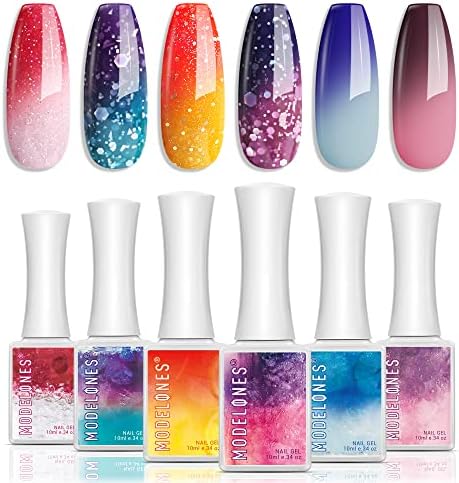Modelones Color Changing Gel Nail Polish - 6 Colors 10ml Pink Glitter Blue Mood Temperature Change Gel Polish Set Soak Off Nail Polish Gel Kit DIY Home Salon LED Nail Art Manicure Gifts for Women Girl