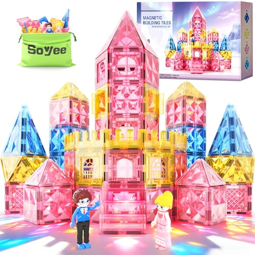 Soyee Diamond Magnetic Tiles Magnet Building Blocks - Princess Castle Toys for Girls & Boys Age 3-8 Birthday Present 5 6 7 8 9 10 Year Old Gifts for Kids Classroom