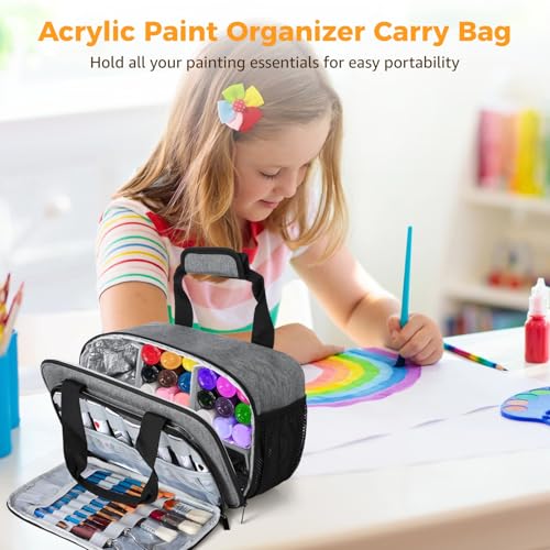 Image of Acrylic Paint Organizer Bag, Large Capacity Bag for 54 Bottles 2 oz Acrylic Paint,Extra Pocket for Paint Brushes, Palette Board, Aluminum Foil Liner for Easy Cleaning, Grey
