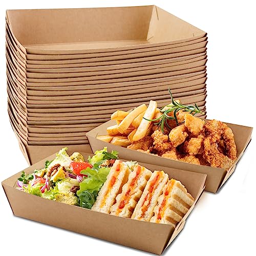 HAKACC 50 Pack Paper Food Trays, 7x5 Sturdy Paper Plates Alternative, Single-use Kraft Cardboard Serving Trays, Oilproof for Party Food, BBQ, Birthday, Picnic and Catering