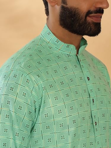 Image of KRAFT INDIA Men's Cotton Blend Geometric Printed Straight Long Regular Kurta and Elastic Waistband Pyjama Set