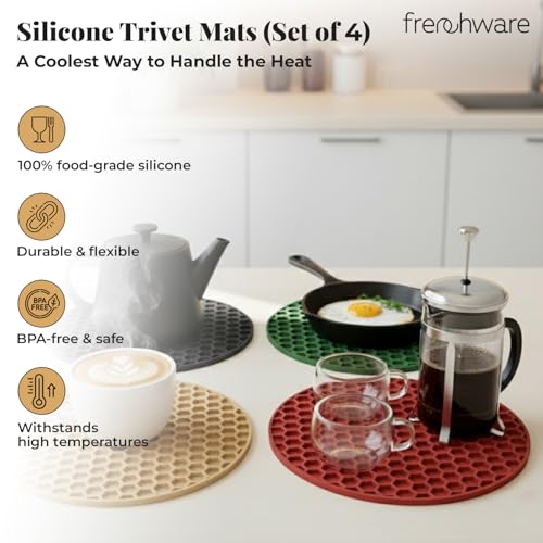 Image of Frenchware Silicone Trivet Mats, Set of 4, Food-Grade BPA-Free Heat Resistant Hot Pads for Kitchen Counters, Non-Slip Flexible Mats for Pots, Pans, Dishes, Jar Opening, Spoon Rest, Assorted Colours | Non-Slip Flexible Mats for Pots, Pans, Dishes, Spoon Rest, Assorted Colours