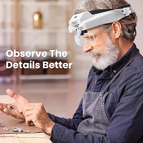 Headband Lupa com Luz - lupa recarregável para montagem na cabeça com 3 lentes destacáveis,Lupas aux