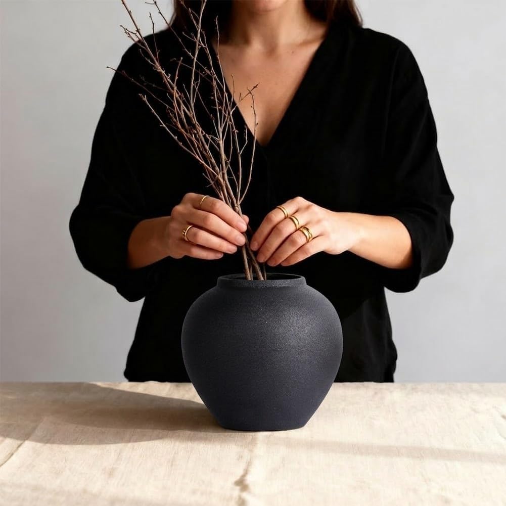 Rustic Ceramic Vase, 8.3" Black Farmhouse Tall Vase, Vintage Vases, Modern Terracotta Decor Vases for Home Decor, Living Room, Entryway, Table Centerpieces, Shelf, Kitchen, Housewarming Gifts