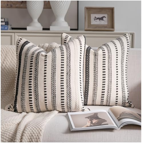 Cethom Black and Beige Boho Throw Pillow Covers 18x18 Inch Set of 2 Stripe Textured Decorative Couch Pillow Cases for Bed Sofa Living Room Bedroom Farmhouse Home Accent Cushion Covers