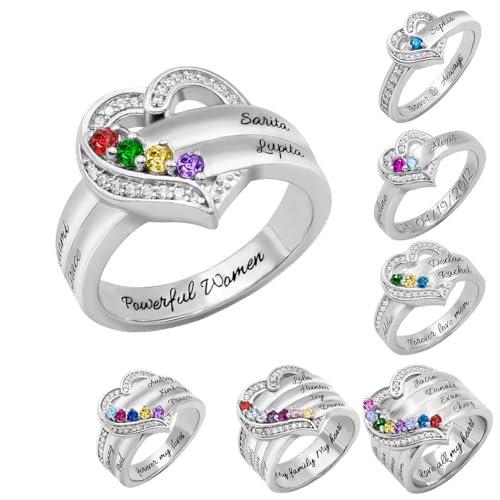 AILIN Custom Heart Mom Rings 925 Sterling Silver Personalized 1 2 3 4 5 6 7 8 Simulated Birthstone Rings Mother Day Birthday Wedding Engagement Anniversary Engraved Name Rings Gifts For Wife Grandmother Nana Women From Daughter Husband Son