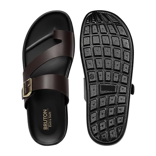 Image of Men's Premium Leather Toe Loop Slippers | Adjustable Buckle Slip-On Flats | Comfortable Cushioned Footbed | Casual Summer Beach Walking Slippers | Brown