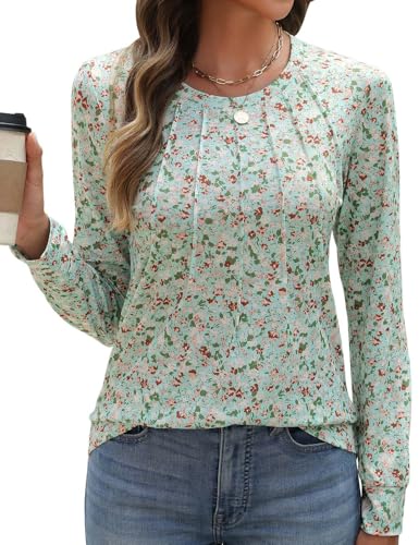 PASUDA Camisas Mujer Manga Larga Blusas de Mujer Elegantes Cuello en Redondo Casual Camisetas Otoño Estampado Moda Floral Túnica Tops(Flores Verdes,S)