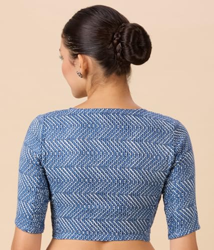 Image of Studio Shringaar Women Cotton Half Sleeve Blue Pottery Printed Saree Blouse with Stretchable Sides