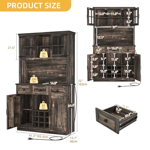 DWVO Coffee Bar Cabinet with Power Outlet/Lights, 72" Farmhouse Pantry Cabinet with Storage Shelves and 3 Drawers, Tall Liquor Cabinet Bar Cabinets for Home/Living Room, Dark Rustic Oak
