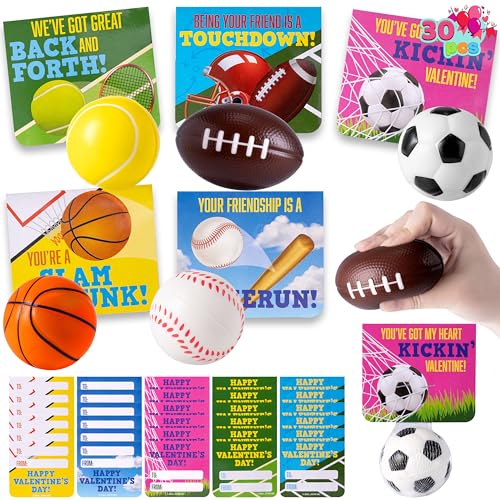 JOYIN-30-Packs-Valentines-Day-Sport-PU-Balls-with-Gift-Card-Mini-Sports-Ball-Squeeze-Foam-for-Classroom-Exchange-Gift-for-Kids-Holiday-Party-Favor-Toys-Reward-Prizes-Stress-and-Anxiety-Relief
