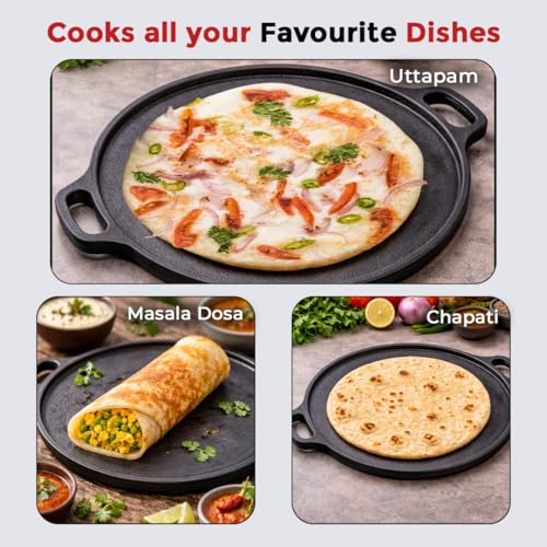 Image of AVIAS Cast Iron Dosa Tawa 30cm Pre-Seasoned 12 Inch | Double Handle Naturally Nonstick Cast Iron Tawa | Gas & Induction Compatible | 100% Pure Toxin-Free Roti Chapati Tawa for Dosa, Uthappam, Naan