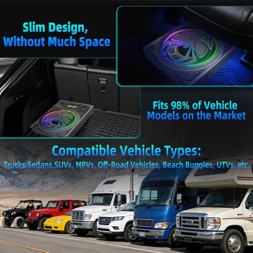 Image of 1600W 10 inch Ultra-Thin Under-Seat Car Subwoofer with Built-in D-Class Amplifier, LED Ambient Lights, Independent Bass Knob, LPF /Gain /Bass Boost, Distortion-Free Deep Bass for Most Vehicles