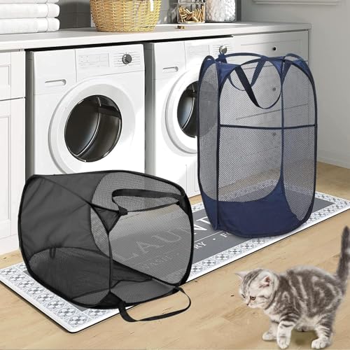 Image of BATTOO Deluxe Strong Mesh Pop up Laundry Hamper Basket with Side Pocket Foldable Hamper for Laundry Room, Bathroom, Kids Room, College Dorm or Travel Navy + Black