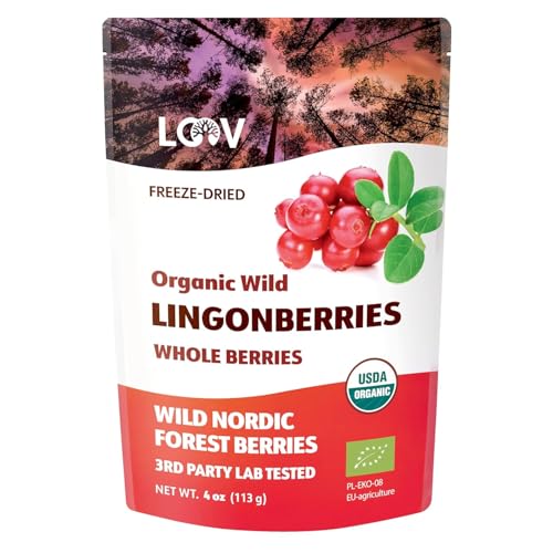 LOOV Freeze Dried Organic Wild Lingonberries, No Sugar Added, 100% Dried Whole Fruit Lingonberries, Wild-Crafted from Northern European Forests, 113 g, 23-Day Supply, Non-GMO