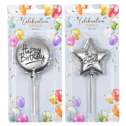 Image of Balloon & Star Birthday Cake Topper Candles – Metallic Finish, Durable Easy Insert Picks, Decorative Party Cake Accent for Celebrations, Elegant Centrepiece to Enhance Any Cake Display (Silver)