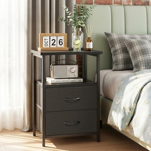 Image of Fixwal Black Night Stand with Charger Station, Nightstand with Charging Station & Fabric Drawers