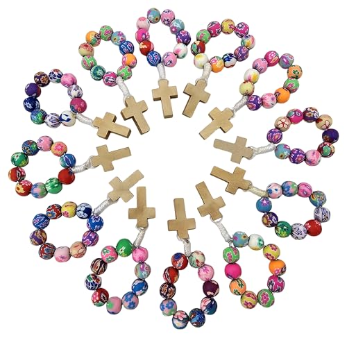 TALISMAN4U Dozen 12 pcs Multi Color Polymer Clay Beads Catholic Finger Rosary Ring with Cross Holy Land Religious Gift